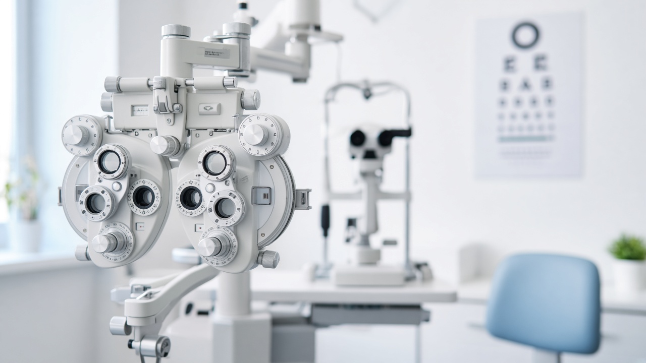 Phoropter in a bright eye exam room, with a slit lamp and eye chart behind it